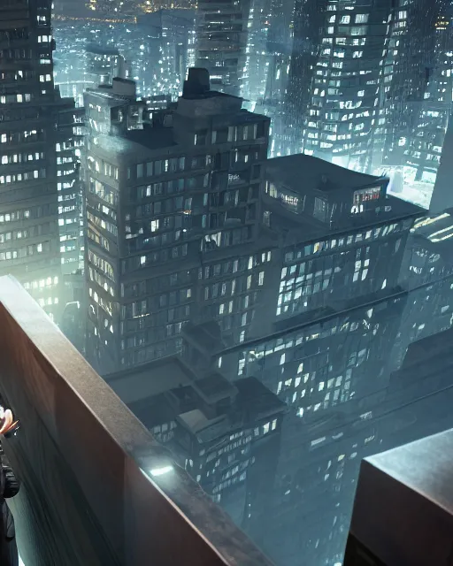 Prompt: a night rooftop scene, close up shot of a photorealistic gangster wearing a trench coat looking at the city below, unreal engine