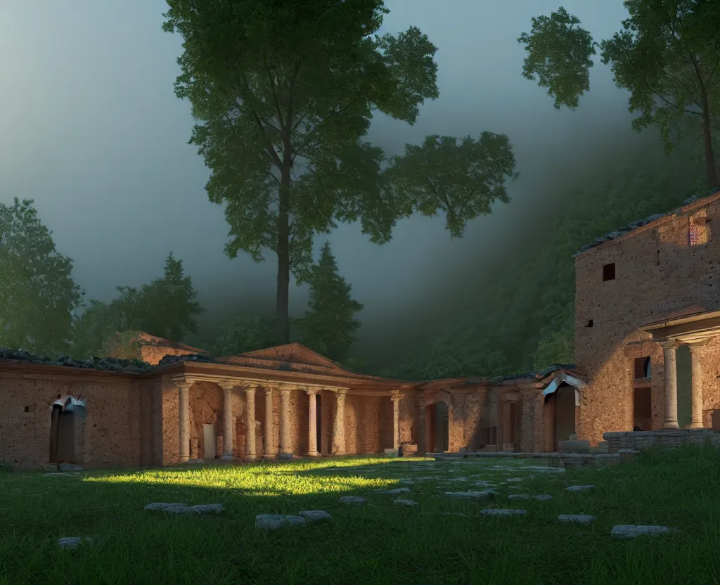 Prompt: a beautiful roman villa on a foggy forest mountain, 3 d rendered, digital art, artstation, 4 k, unreal engine 5