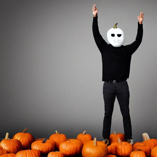 Image similar to man with pumpkin head, in black turtleneck, waving hands, at grey backgroud, studio light, 4 k