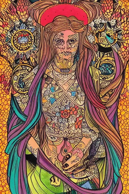 Image similar to marisa kirisame, intricate, amazing line work, colorful, tarot cards, the devil tarot card