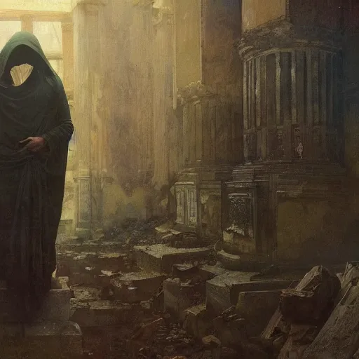 Image similar to half portait of magican wearing a closed cowl with big old book!, jeremy mann, jean leon gerome, alphonse mucha, greg rutkowski, hood covers his eyes, ( ( ruins of ancient rome ) ), at dusk, mysterious atmosphere, sunrays, dof, masterpiece, high detailed, 8 k