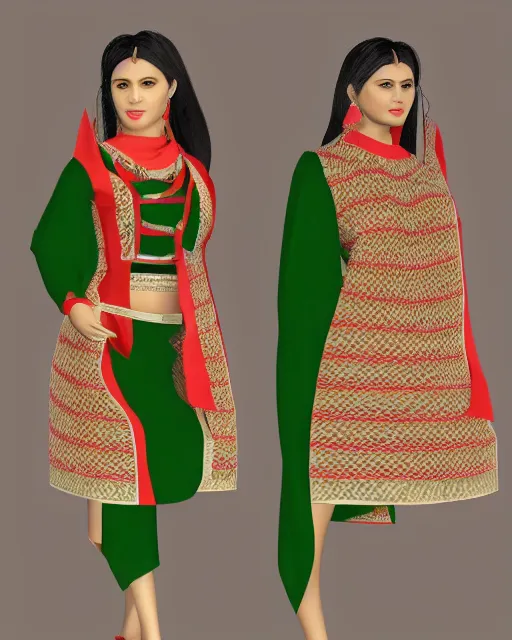 Prompt: marvelous designer 3d render Assamese bihu mekhela sador pattern gamosa style fashion costume design