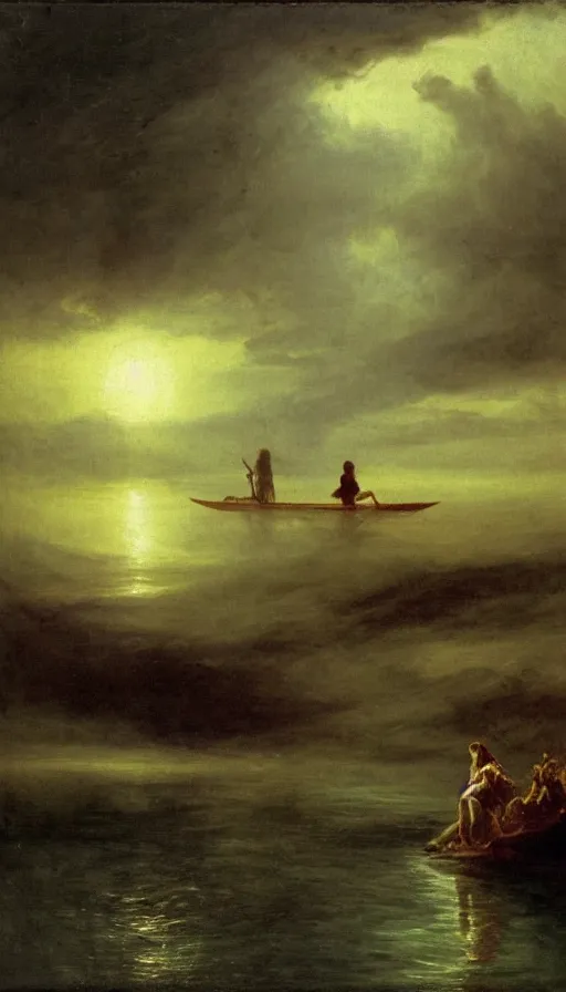 Image similar to man on boat crossing a body of water in hell with creatures in the water, sea of souls, by albert bierstadt,