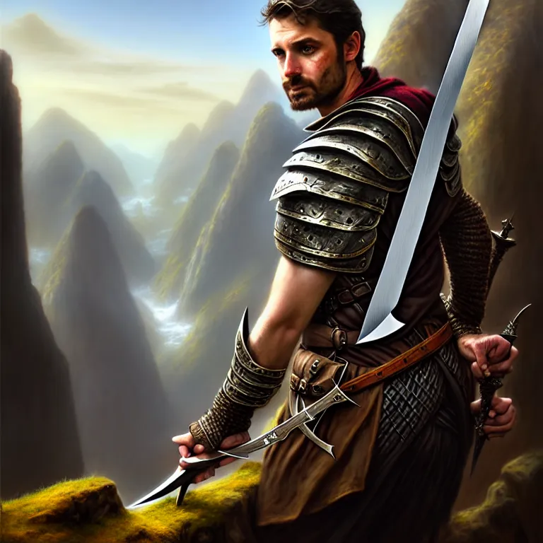 Prompt: middle d & d ranger with rugged expressions falcon pet on his shoulder holding a high detailed long sword, top a cliff observing old ruins of a castle, elegant clothing, photorealistic render, matte painting, highly detailed, artstation, smooth, sharp focus, art by michael whelan, artgerm, greg rutkowski, scrathed image