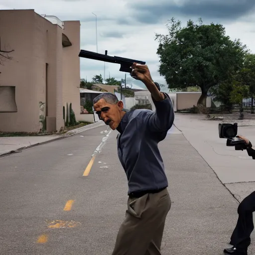 Image similar to angry barack obama shooting and terrorizing people in the hood, 8k resolution, full HD, cinematic lighting, award winning, anatomically correct