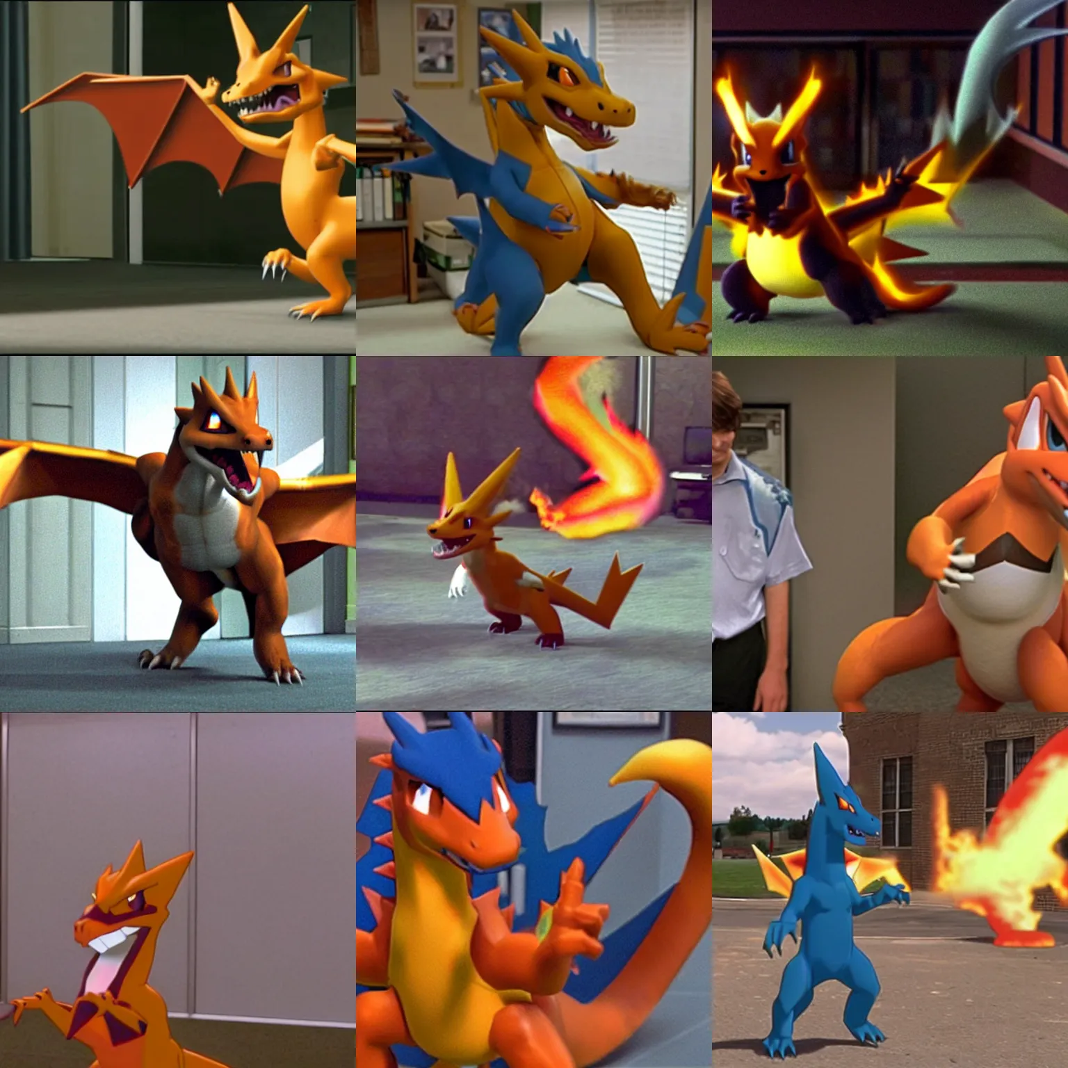 Prompt: still of a realistic Charizard (Pokémon) in the tv show The Office (2005)