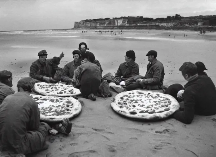Prompt: vintage photo of a pizza party on omaha beach in normandy