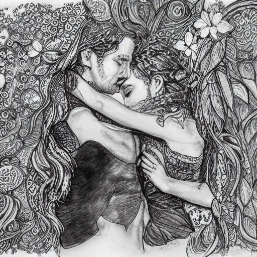Image similar to lovers, detailed intricate sketch, 4k, illustration, cross hatched, black ink on white paper