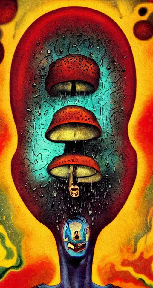 Image similar to art deco close up portait of mushroom head with big mouth surrounded by spheres, rain like a dream digital painting curvalinear clothing cinematic dramatic fluid lines otherworldly vaporwave interesting details epic composition by artgerm anton pieck basquiat