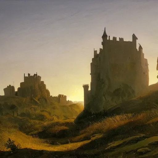 Image similar to a beautiful painting of a castle in a war landscape by Caspar David Friedrich, Trending on artstation