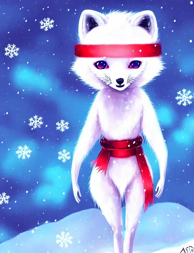 Image similar to a cute anthropomorphic arctic fox girl anthro wearing red ribbons, winter park background, very anime!!! kawaii!! furry!! intricate details, aesthetically complementary colors, scenic background, art by rising artists with a radically new style. trending on artstation, top rated on pixiv and furaffinity
