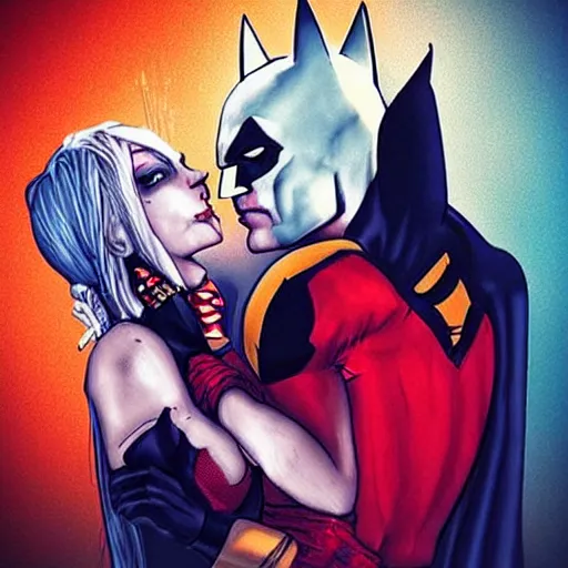 Prompt: “Harley Quinn and Batman hugging”