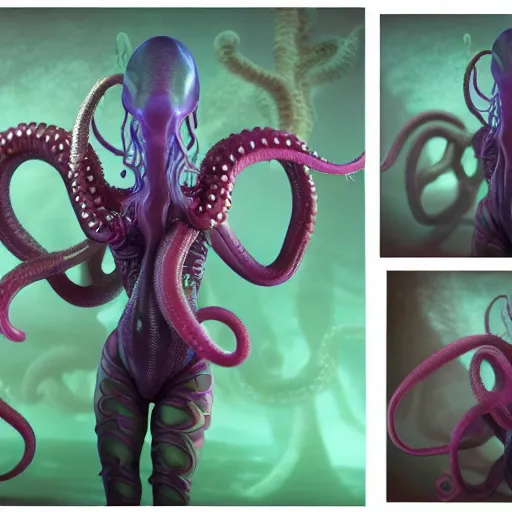 Image similar to tom bagshaw, ultra realist waves miniatures underwater curiosities squids carnival, a single very beautiful long tentacles in full underwater armor, symmetry accurate human features, focus, very intricate ultrafine details, green purple aqua volumetric lights, award winning masterpiece, octane render 8 k hd