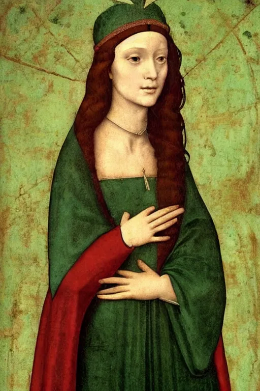 Image similar to a fresco of a renaissance Portrait of slim shapely pale young queen jezebel wearing gilded red robes, long black hair, green eyes, painted by Leonardo da Vinci