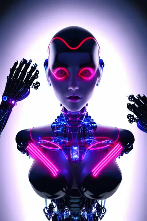 Prompt: a stunning robot woman with cybernetic enhancements, wires, led lights, glowing lights, futuristic, by artgerm and wlop and bosch