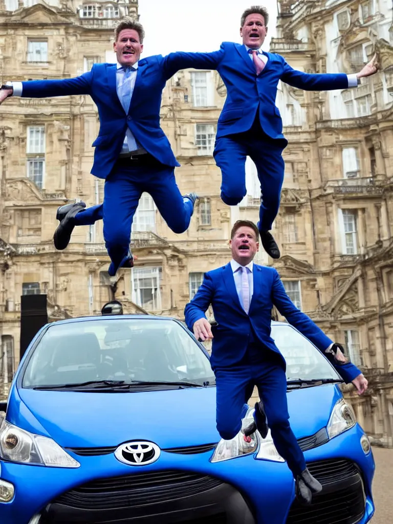 Image similar to Sir Kier Starmer wearing a blue suit jumping on top of a toyota yaris