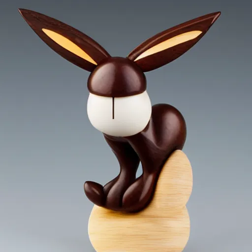 Prompt: a zoomed out studio product shot of a rounded carved smooth cherry wood and resin pokemon umbreon in profile, like a catalog photograph, where distinct sections of the carving are blue resin, but is mostly wood, with a smooth featureless minimalist short wooden nose with no nostrils, and a round minimalist behind