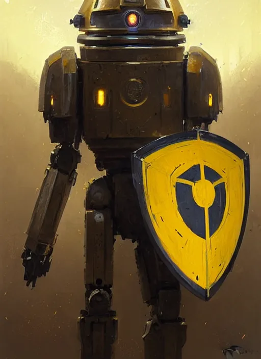 Image similar to human-sized strong intricate yellow pit droid holding paladin medieval shield!!!, pancake short large head painterly humanoid mecha, by Greg Rutkowski