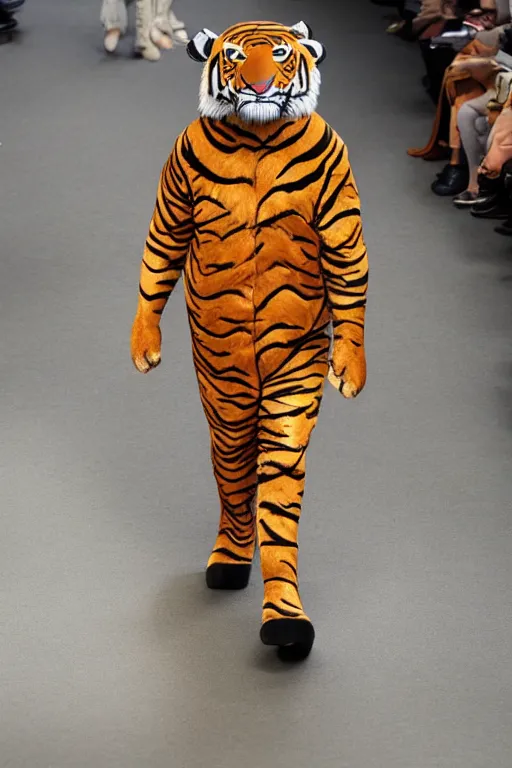 Prompt: Anthropomorphic Tiger on the catwalk, Fullbody