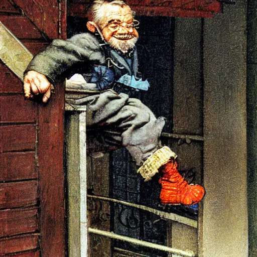 Image similar to close up portrait of dwarf jumping from balcony by norman rockwell, illustration, 5 0 mm lens,