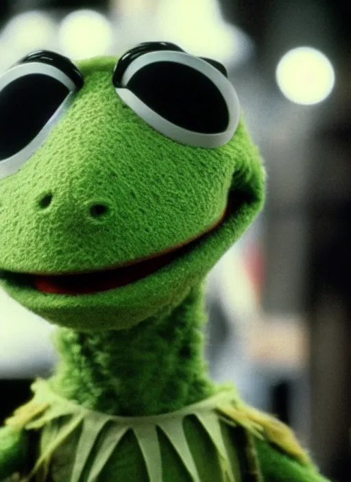 Image similar to film still of (Kermit the Frog) as The Terminator in Terminator, 4k