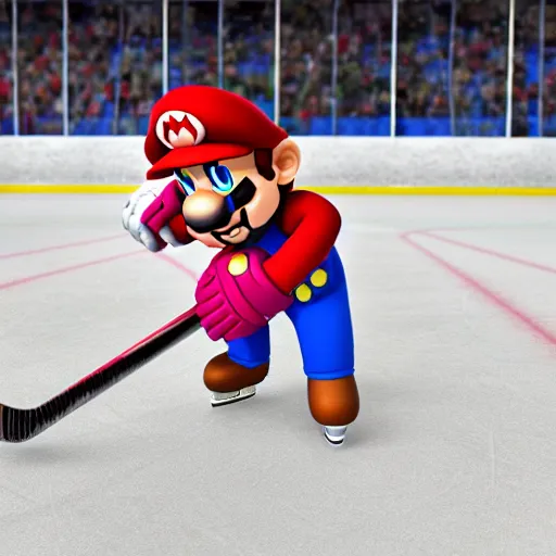 Image similar to super mario playing hockey, highly detailed, extremely high quality, hd, 4 k, 8 k, canon 3 0 0 mm, professional photographer, 4 0 mp, lifelike, top - rated, award winning, realistic, detailed lighting, detailed shadows, sharp, no blur, edited, corrected, trending