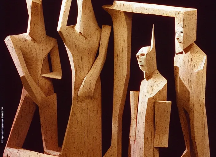 Image similar to realistic photo of a three birdmen sculptures by max ernst made of white clay, in a living room sci - fi laboratory with many wooden gadgets made of wood interior is made of wood 1 9 9 0, life magazine reportage photo, natural colors