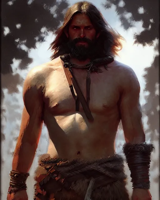 Image similar to a male barbarian | | realistic shaded, fine details, realistic shaded lighting poster by greg rutkowski, magali villeneuve, artgerm, jeremy lipkin and michael garmash and rob rey