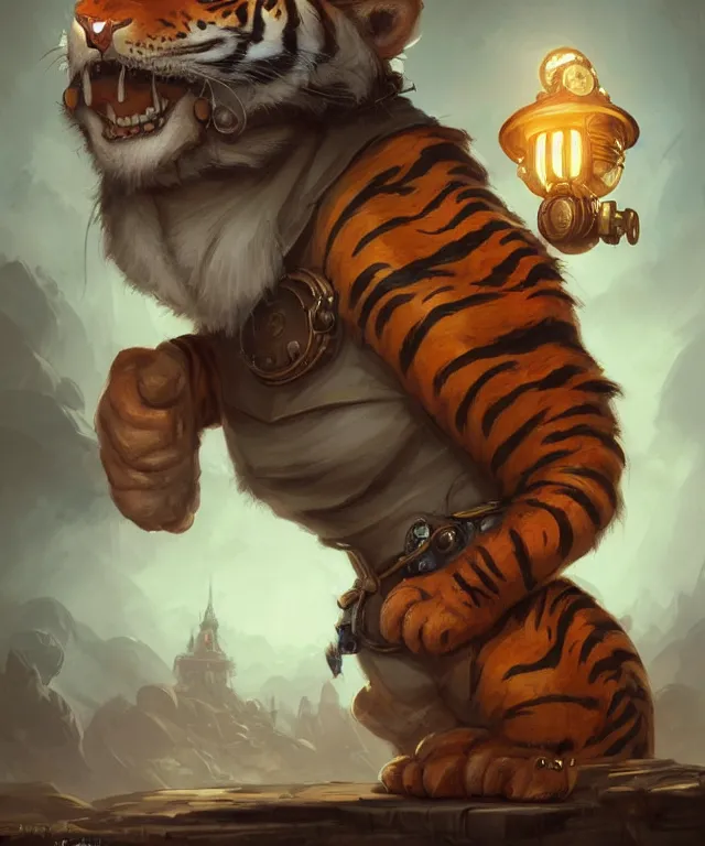 Image similar to a portrait an anthropomorphic steampunk tiger driving a train, landscape in background, cute and adorable, dnd character art portrait, well rendered matte fantasy painting, deviantart artstation, by jason felix by steve argyle by tyler jacobson by peter mohrbacher, cinematic lighting