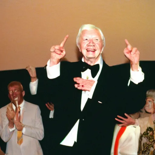 Image similar to President Jimmy Carter dancing his heart out. CineStill.