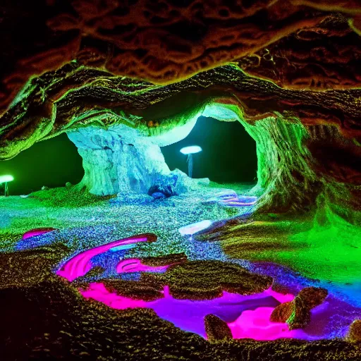 Image similar to a beautiful bioluminescent mushroom cave scene