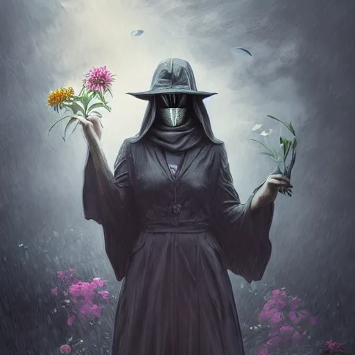 Image similar to female plague doctor holding flowers, heavy rain, wind, thunder, reflections, deep focus, d & d, fantasy, intricate, elegant, highly detailed, digital painting, artstation, concept art, matte, sharp focus, illustration, hearthstone, art by artgerm and greg rutkowski and alphonse mucha