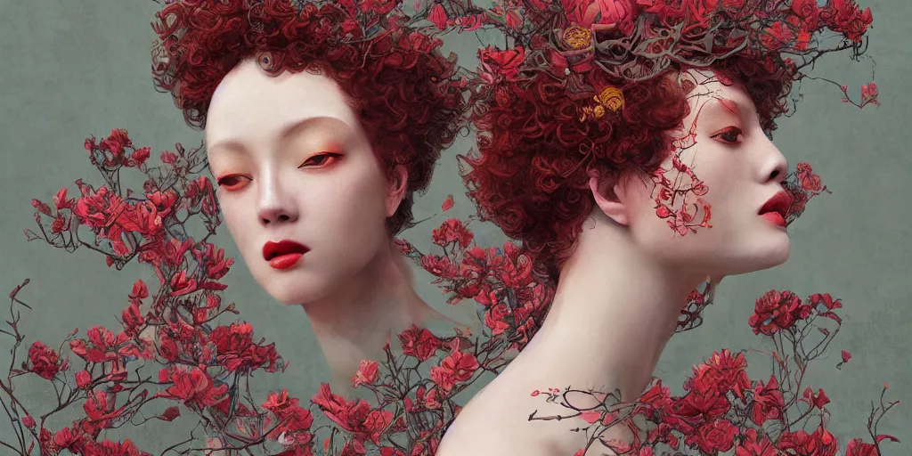 Image similar to breathtaking detailed concept art painting art deco pattern of red short curly hair faces goddesses amalmation flowers with anxious piercing eyes and blend of flowers and birds, by hsiao - ron cheng and john james audubon, bizarre compositions, exquisite detail, extremely moody lighting, 8 k