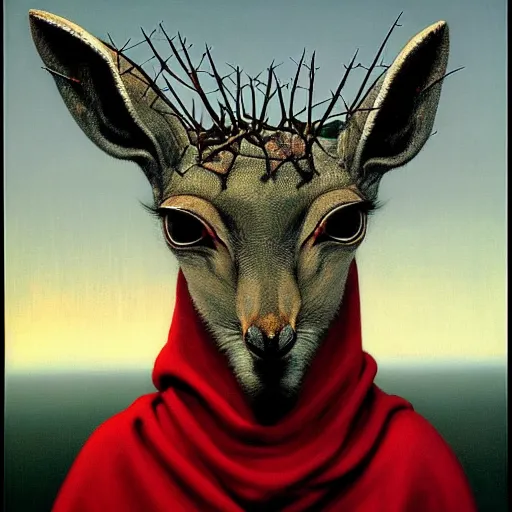 Image similar to portrait of a dik dik with red glowing eyes in hood and crown of thorns, dark fantasy, Warhammer, artstation painted by Zdislav Beksinski and Wayne Barlowe