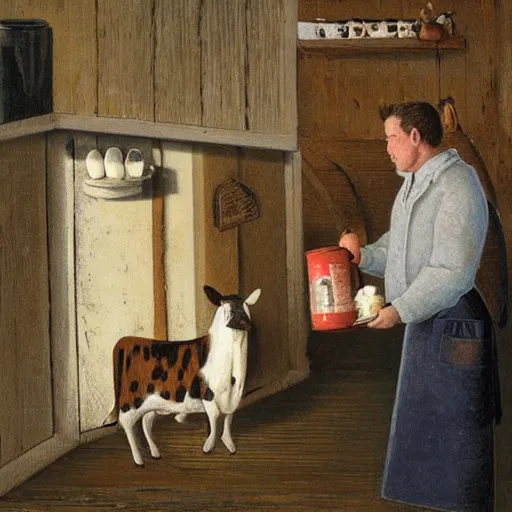 Image similar to butcher giving milk to a cat, while being watched by a cow