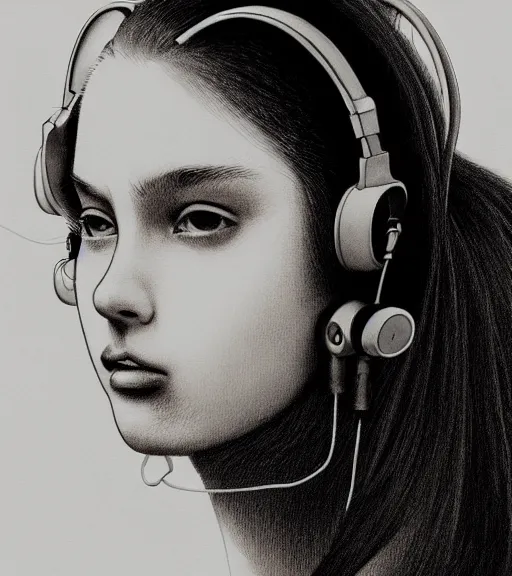 Prompt: young girl wearing headphone listening to amplifier realistic unreal details trending on deviantart artstation drawing painting portrait giger sorayama ito junji frank Miller style
