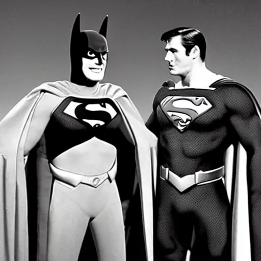 Prompt: adam west batman teams up with superman on the 1 9 6 6 batman tv show