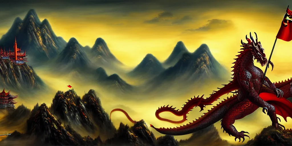 Image similar to Chinese president, bananas weapon, battle, dragon, centered, highly detailed, mountains, epic composition, background, fantasy art, oil painting, 8k