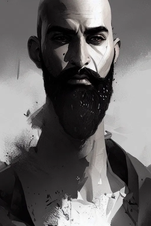 Prompt: Arab man light beard, bald, swordsman, modern, hero, black and white, highly detailed, digital painting, artstation, concept art, sharp focus, illustration, by greg rutkowski