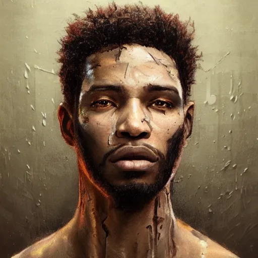 Image similar to portrait painting of a beautiful black man with cut scars and cropped hair wearing a tattered fur coat, ultra realistic, concept art, intricate details, eerie, highly detailed, photorealistic, octane render, 8 k, unreal engine. art by artgerm and greg rutkowski and charlie bowater and magali villeneuve and alphonse mucha