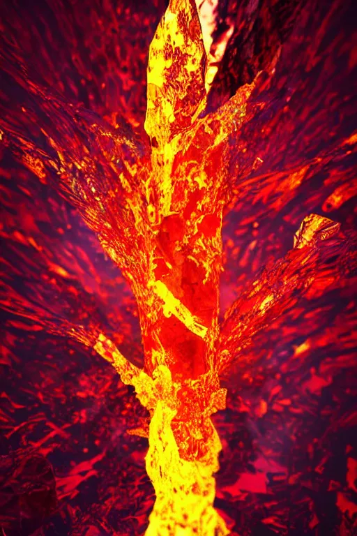 Prompt: A single elemental fire crystal glowing with power, burning hot and covered in flowing fluid art. Magic Stone. Ruby Stone. Liquid Gold. Crystal structure. Glowing Hot. Spirals. Melting. Intricate. Hyper Real. 4K. Octane Render. Empty Background. Black Background.