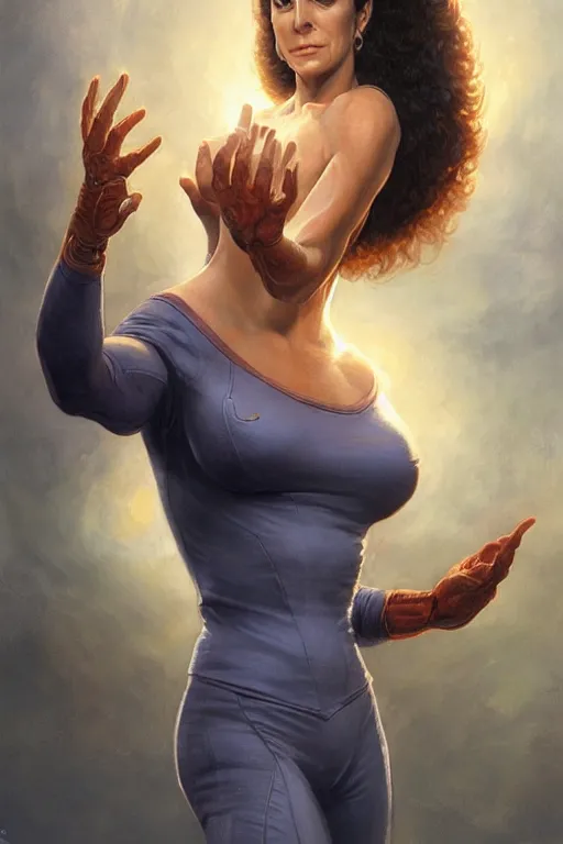 Image similar to Deanna Troi, Highly Detailed anatomy, only two hands, highly detailed, digital painting, artstation, concept art, smooth, sharp focus, illustration, Unreal Engine 5, 8K, art by art by artgerm and greg rutkowski and edgar maxence