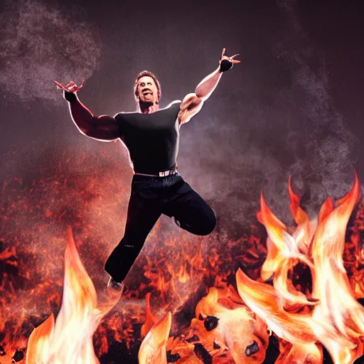 Image similar to A photo of Arnold Schwarzenegger with flames coming from his ears throwing a fit in the kitchen, frying pans and food flying in the air, taken with a Canon EOS 5D.