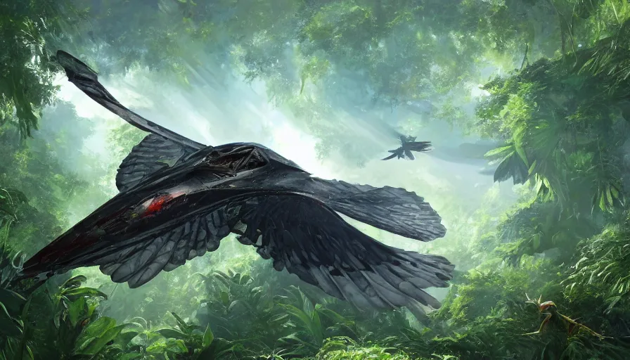 Prompt: a beautiful painting of a crashed klingon bird of prey in a lush jungle, ray traced lighting by kalin popov and greg rutkowski