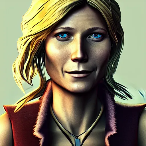 Image similar to gwyneth paltrow portrait, borderlands, tales from the borderlands, the wolf among us, comic, cinematic lighting, studio quality, 8 k