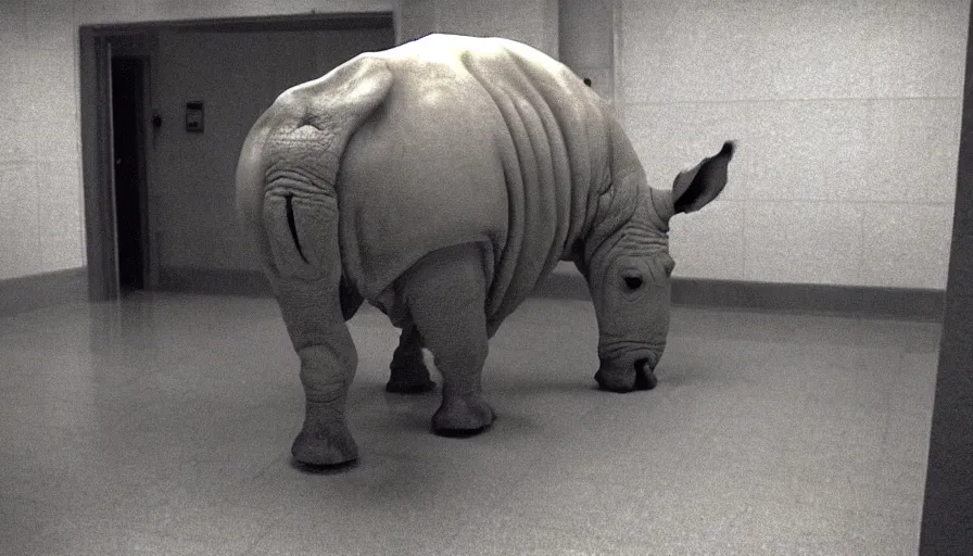 Prompt: a rhinoceros in a public bathroom with yellow tiles floor, mini dv camera found footage, very very low quality picture, heavy grain, heavy jpeg artifact blurry, caught on trail cam