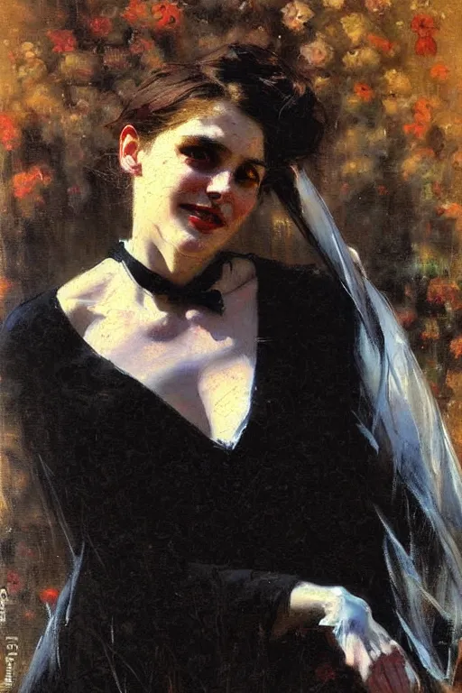 Prompt: impressionist brushstrokes!!!! solomon joseph solomon and richard schmid and jeremy lipking victorian loose genre loose painting full length portrait painting of a victorian vampire