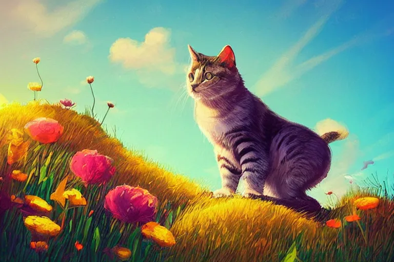 Prompt: a digital art of a cat standing on the top of the hill with flowers around in the afternoon, sunshine, cute, illustration, animal, light effect, highly detailed, by anton fadeev