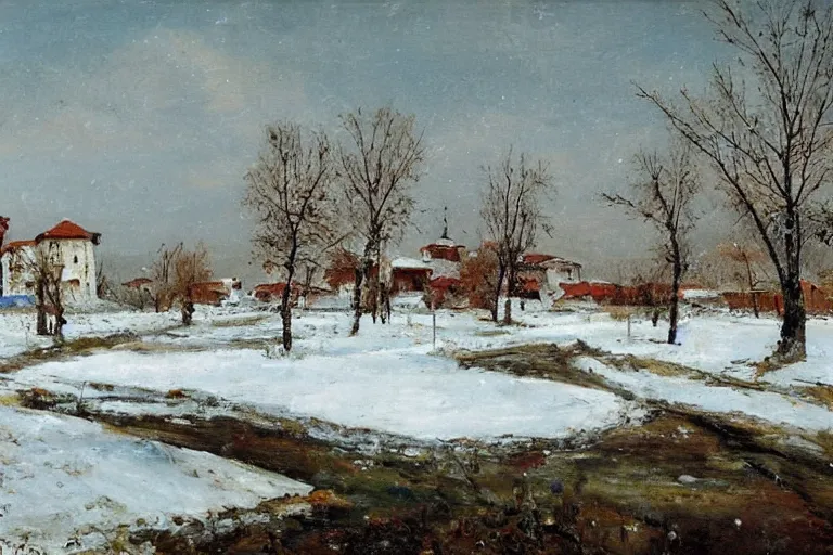 Prompt: russian village in spring with snow and mud, in style of Savrasov,