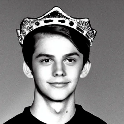 Prompt: a yearbook photo of Jughead Jones in 1966, he is wearing a simple crown on his head